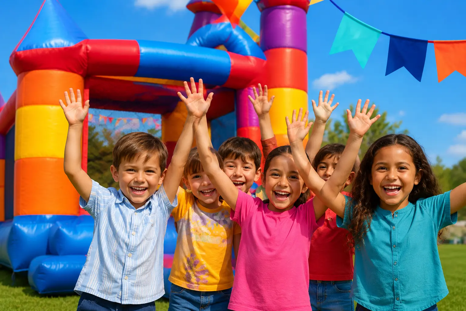 Happy children enjoying a bounce house party from Little Fiesta Rentals