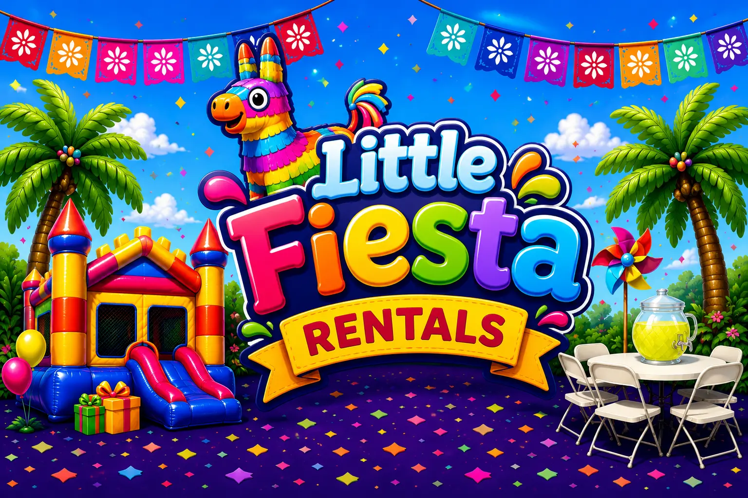 Little Fiesta Rentals colorful party rental banner with bounce house, pinata, tables and chairs