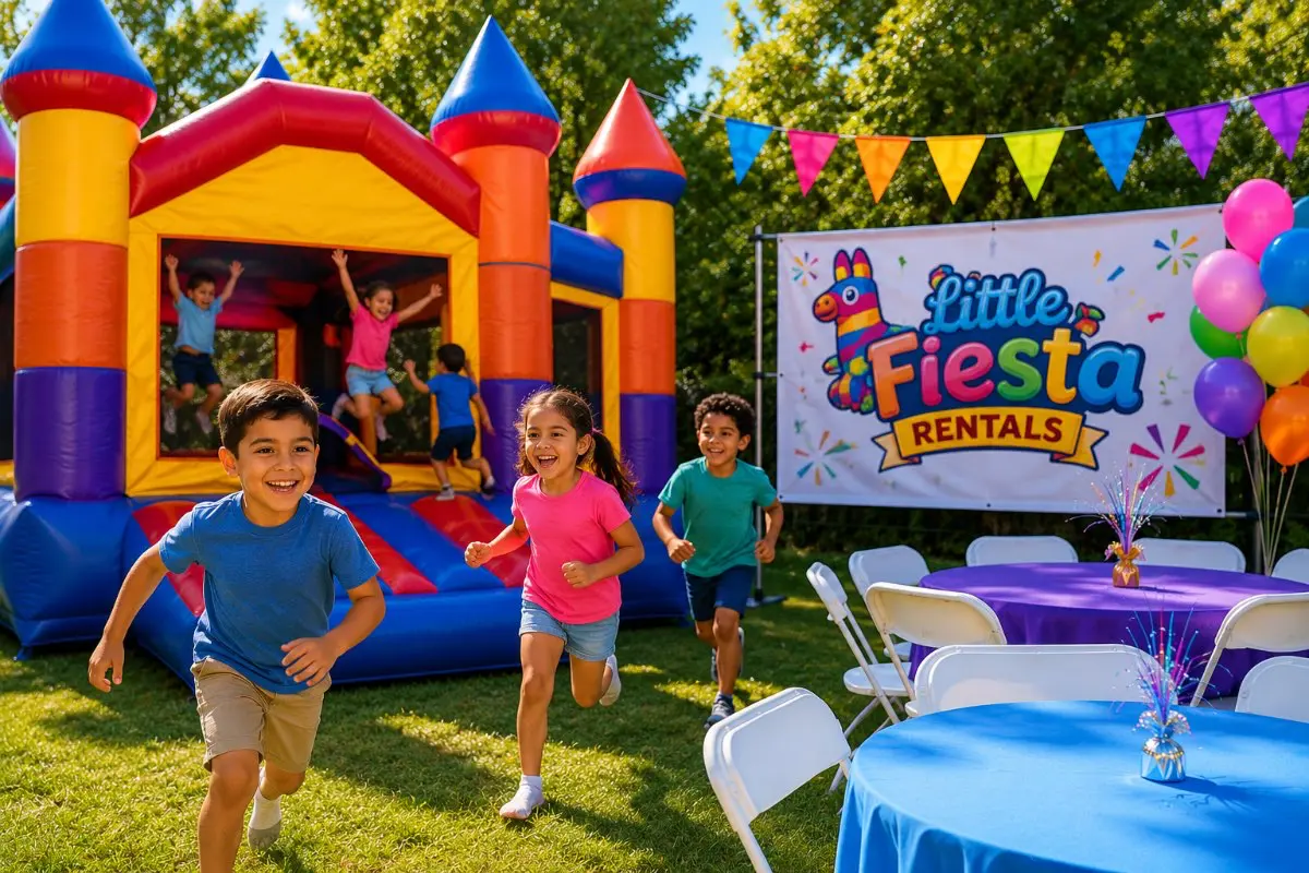 Children playing and enjoying a bounce house at a Little Fiesta Rentals event