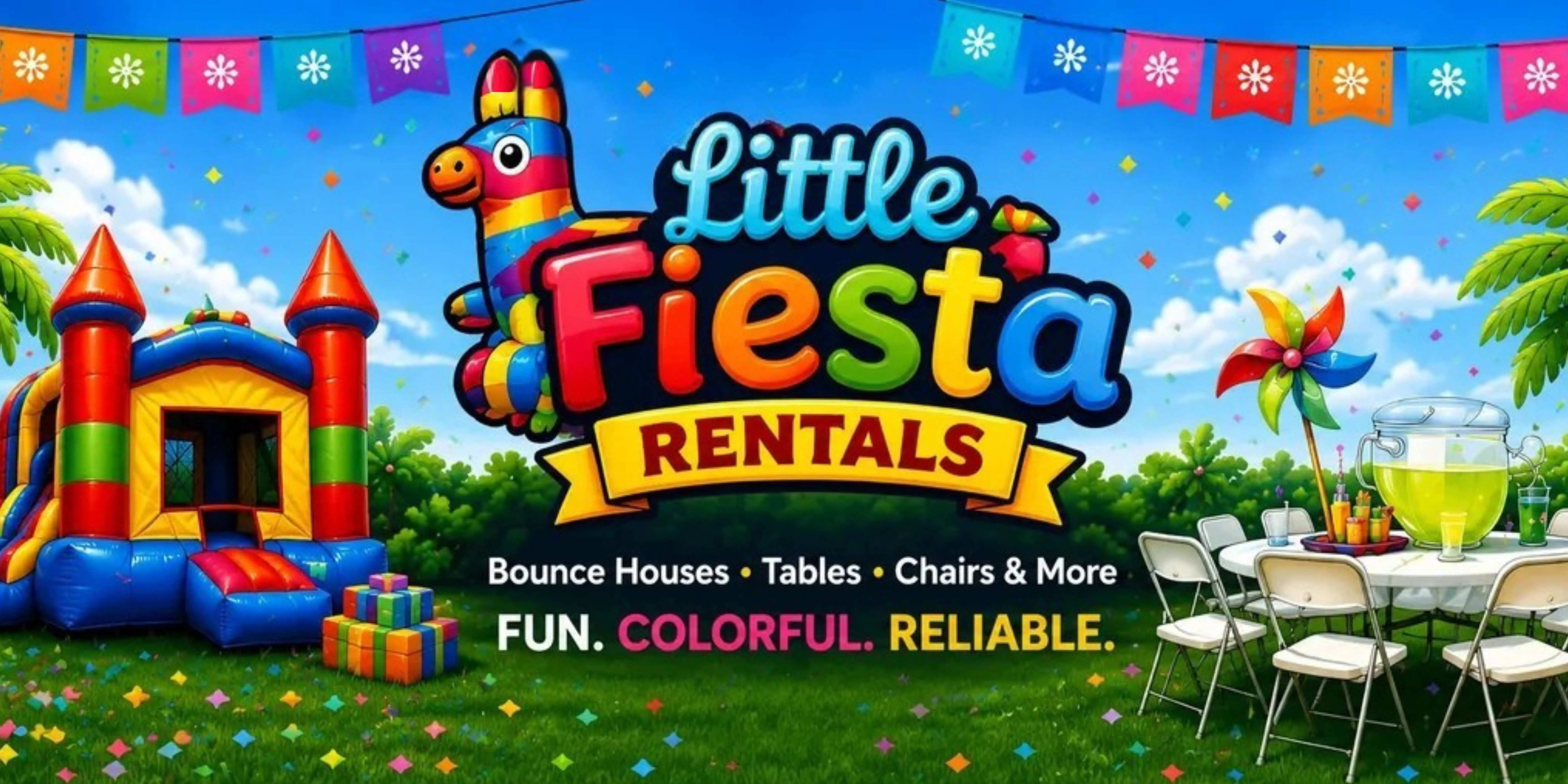 Little Fiesta Rentals colorful party rental banner with bounce house, pinata, tables and chairs